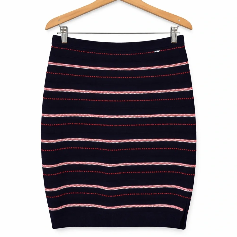 St. John Sport Knit Pencil Skirt Medium Navy Pink Stripe Designer Preppy Coastal